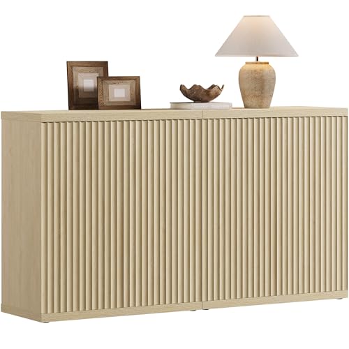 SICOTAS Buffet Cabinet with Storage Sideboard Cabinet with Doors & Shelves | Accent Sideboard Modern Credenza Fluted Storage Cabinet Mid Century Media Console for Living Room Kitchen Dining Hallway - color: Coastal Oak, size: 2 Pieces