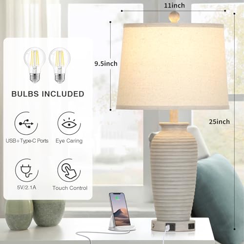 CINSARY 25" Farmhouse Jar Table Lamps Set of 2, 3 Way Touch Control Rustic Bedside Lamps with USB A+C Ports & AC Outlet, Pot Nightstand Lamps for Bedroom Living Room (LED Bulbs Included) - color: Light Gray