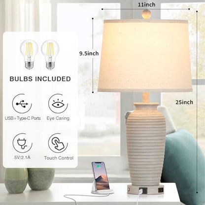 CINSARY 25" Farmhouse Jar Table Lamps Set of 2, 3 Way Touch Control Rustic Bedside Lamps with USB A+C Ports & AC Outlet, Pot Nightstand Lamps for Bedroom Living Room (LED Bulbs Included) - color: Light Gray