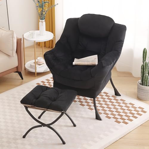 Lazy Chair with Ottoman, Comfy Reading Accent Chair, Velvet Black | Foldable Footrest, Padded Seat and Backrest, Side Pocket for Lounging in Living Rooms, Bedrooms, Dorms and Small Spaces - color: Black