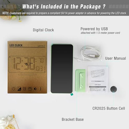 Small Digital Clock, 6.7in Alarm Clocks for Bedrooms, Auto Dimming, Room Temperature, Day of The Week, Seconds, Date, Desk Clock for Bedroom, Digital Clocks for Living Room - color: Green (White + Green Digits)