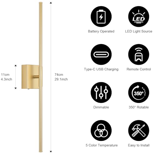 Battery Operated Wall Sconce, 3000K-6000K Dimmable Gold Wall Lights with Remote Control, Timable LED Wireless Wall Sconces, 350° Ratate for Bathroom, Living Room, Hallway 29.1 Inch 1 Pack - color: Gold, size: 29.1in(1 Pack)