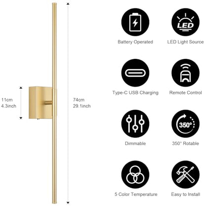 Battery Operated Wall Sconce, 3000K-6000K Dimmable Gold Wall Lights with Remote Control, Timable LED Wireless Wall Sconces, 350° Ratate for Bathroom, Living Room, Hallway 29.1 Inch 1 Pack - color: Gold, size: 29.1in(1 Pack)