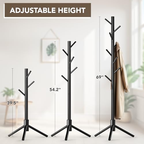 Hupmad Wooden Tree Coat Rack Stand,Sturdy Freestanding Coat Rack with 8 Hooks,3 Adjustable Height for Child Adult,Wood Coat Stand Tree Fits Entryway Bedroom Office for Bags,Hats, 2 Pack - color: Black, size: 2 PCS