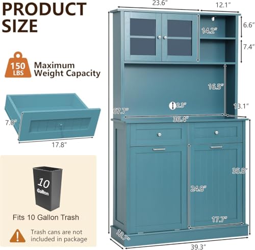 LOUVIXA 68.4" Kitchen Pantry Storage Cabinet, Freestanding Cupboard with Shelf, 2 Drawers and 2 Tilt Out Trash Cabinet, Tall Cabinets for Kitchen, Dinning Room, Living Room (Deep Teal, Double Tilt) - color: Deep Teal