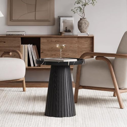 win2win Nesting Coffee Table Set of 2 with Marble Veneer, Black | Modern Round Tea Table and End Table Set, Minimalist Wood Center Tables for Living Room, Office, Fluted Design