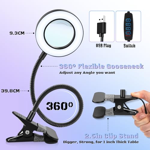 10X Magnifying Glass with Light Clip on Mganifier with 48 LED Lights | Desk Magnifying Glass wtih Clamp, 3 Modes Dimmable Magnifying LED Lamps for Bed Work Crafts DIY