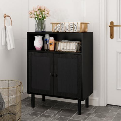 Rattan Storage Cabinet, Boho Accent Cabinet with Double Doors | Small Freestanding Sideboard for Hallway, Laundry Room,Kitchen, Dining Room, Entryway (Black) - color: Black