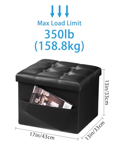 Ottoman with Storage,17 Inch Leather Folding Foot Rest Stool,Black | Small Ottoman with Side Pockets, Thicker Foam Padded Seat, 17 * 13 * 13 Inch, Livingroom, Dorm, Bedroom, Entryway - color: Black