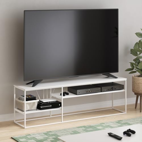 Furinno Moretti Modern Lifestyle TV Stand, Entertainment Center for TV up to 78 Inch, for Living Room, Bedroom, White/White - color: White, size: For 70" TV, Metal Frame