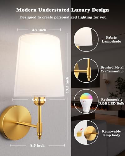 Battery Operated Wall Sconces Set of 2, Wireless Rechargeable Dimmable Wall Light with 5600mAh RGB Bulb and Remote for Bedroom, Living Room, Hallway, Gold, 13.5in - color: Gold, size: 13.5 Inch Set of 2
