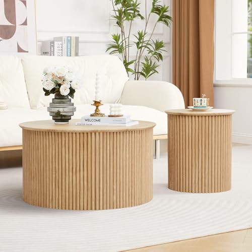 Fluted Round Nesting Coffee Table Set of 2 Circle Center Tables Living Room | Boho Modern Wood Coffee Tables and End Table Set, Wood Side Table Minimalist Center Tables for Living Room, Office(Natural) - color: Wood, size: Medium-Fluted