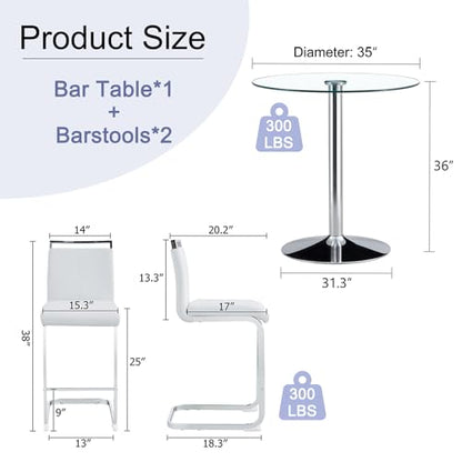 Bar Table and Chairs Set of 2,Round Counter Height Dining Table Set,35” Glass Round Bar Table Set with White Bar Stools,Sturdy Silver Chrome Base,Small Pub Table Set for Apartment,Kitchen(36"H - color: Silver&white