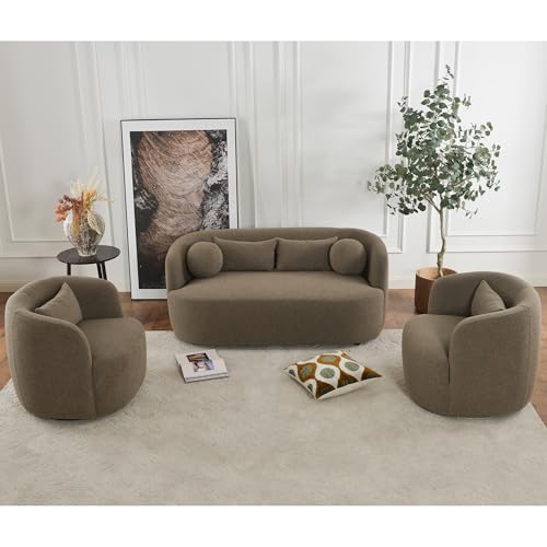 KINWELL 68" Boucle Upholstered Loveseat with 2 Swivel Chairs, Teddy Brown | No Assembly Sherpa Living Room Furniture Sets, 2-Seater Couch Settee and Barrel Chairs Armchairs for Small Spaces Apartment - color: Teddy Brown, size: Loveseat + 2 Chairs