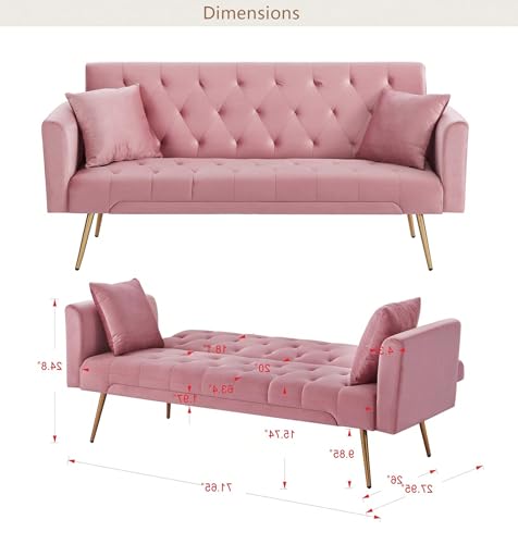 Anwick 72''Modern Velvet Sofa Bed Futon,Convertible Folding Sleeper Couches with 3 Adjustable Backrests,Tufted Recliner Loveseat with Golden Chrome Legs for Living Room Apartment Office (Pink) - color: Pink+pillows