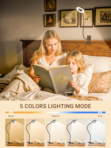 Clip on Lamp,5 Colors+10 Brightness Memory LED Desk Lamp with Clamp Light | 550lm Bright Clip on Light for Bed Headboard/Bedside Table,360° Adjustable Reading Light for Bed/Dorm/Nail/Puzzle,USB Adapter - color: Black.