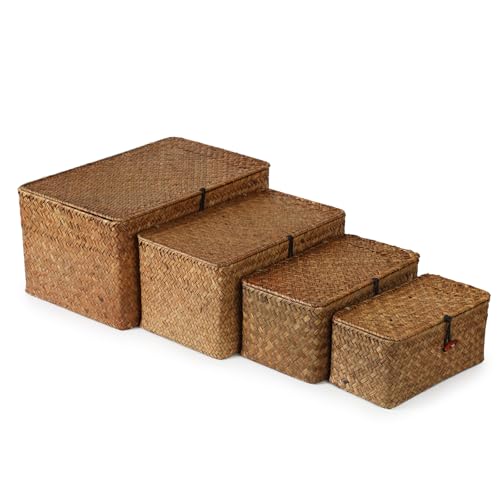 4 Pack, Wicker Baskets with Lids, Natural Seagrass Storage Baskets, Woven Rectangular Basket Bins, Rattan Storage Organizer for Shelf (Coffee, Set of 4) - color: Coffee, size: Set of 4