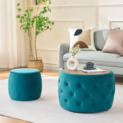 23" Velvet-Upholstered Accent Side Table, Modern Nesting Side Tables with Hidden Storage, Space-Saving Nesting Coffee Table Set with Wood Tray for Living Spaces, Blue - color: Blue