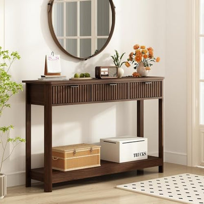 RUSTOWN Fluted Wood Console Table with 3 Drawers, 47.2" Boho Entryway Table | Narrow Behind Couch Sofa Table, Open Storage Shelf, Curved legs, 2 Tier Modern Farmhouse Hallway Table for Living Room, Foyer - color: Dark Walnut