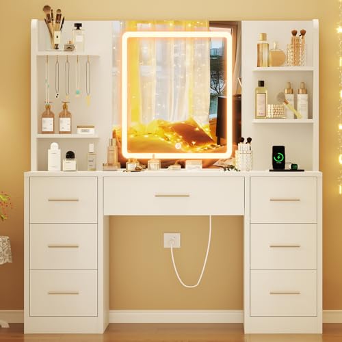 Quimoo Large Vanity Desk with LED Lighted Mirror & Power Outlet, Makeup Vanity Table with 7 Drawers,4 Shelves and 5 Hooks, White Vanity for Bedroom, Bathroom - color: White 4 Drawers Vanity