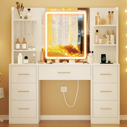 Quimoo Large Vanity Desk with LED Lighted Mirror & Power Outlet, Makeup Vanity Table with 7 Drawers,4 Shelves and 5 Hooks, White Vanity for Bedroom, Bathroom - color: White 4 Drawers Vanity