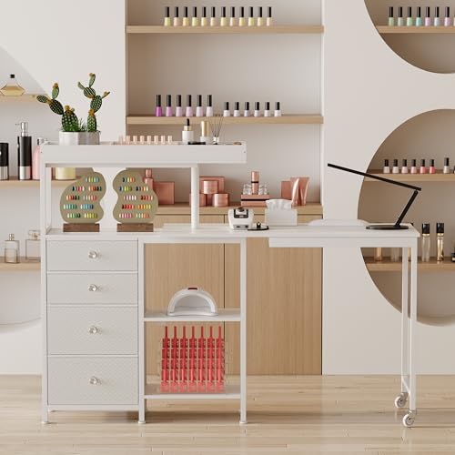 L-Shaped Manicure Table with Power Outlets,Nail Desk for Nail tech | Rotating Nail Workstation on Wheels with Charging Station,Nail Table with drawers & shelves for Home,Makeup Beauty Salon - color: White