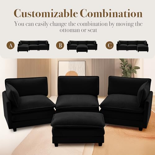 ROWHY 112'' Modular Sectional Cloud Couch with Movable Ottoman, 4 Seat Modern Chenille Sofa, Deep Seat L Shaped Couch for Living Room Bedroom Apartment,Jet Black - color: Jet Black, size: 112''