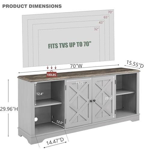70 Inch TV Stand for Living Room, Gray Farmhouse TV Console with Storage | LIVILAND Rustic Entertainment Center with Storage Cabinets & Adjustable Shelves, Media Console for Bedroom - color: Grey
