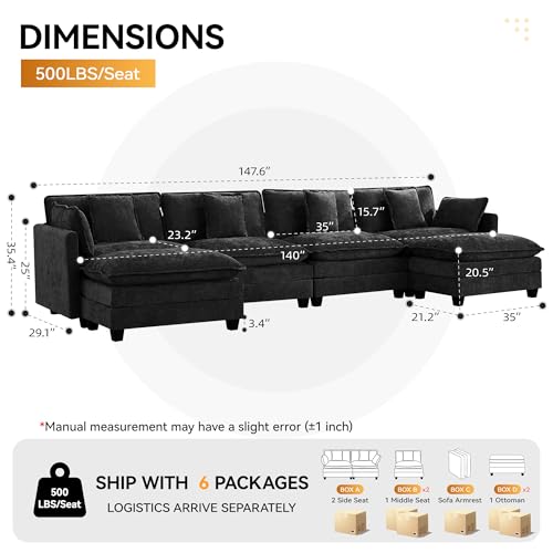 147'' Modualr Sectional Cloud Deep Seat Couch, Oversized Chenille U Shaped Sectional Sofa for Living Room Set, Comfy Upholstered Modular Sectional Sofa Couch with 2 Movable Ottoman, Dark Grey - color: Dark Grey, size: 147'' U Shape