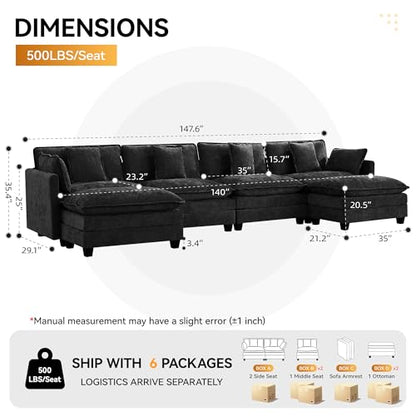 147'' Modualr Sectional Cloud Deep Seat Couch, Oversized Chenille U Shaped Sectional Sofa for Living Room Set, Comfy Upholstered Modular Sectional Sofa Couch with 2 Movable Ottoman, Dark Grey - color: Dark Grey, size: 147'' U Shape