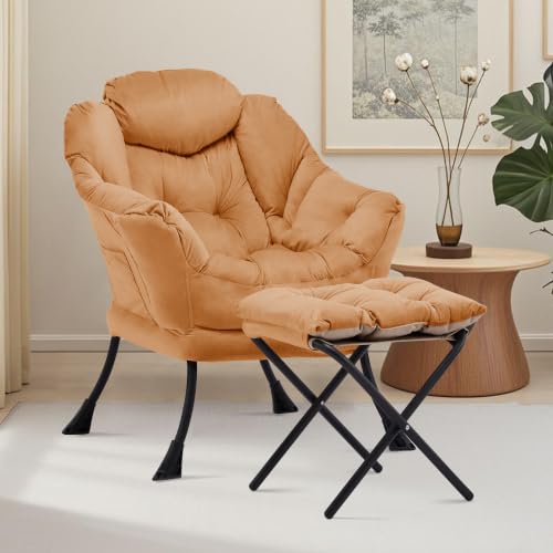 Lazy Chair with Ottoman, Comfy Reading Chair, Orange | Cushioned Seat with Foldable Ottoman and Side Pocket, Lounge Chair for Bedroom, Living Room, Dorm and Small Spaces - color: Orange