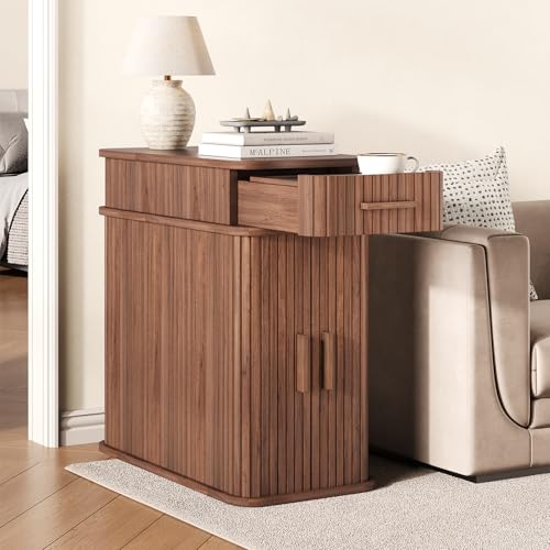 Side End Table with Charging Station, Slim Nightstand with Drawer, Mid-Century Wood Skinny Bedside Table with Storage, Narrow Side Tables for Small Space Living Room Bedroom Office Sofa Couch Walnut - color: Walnut