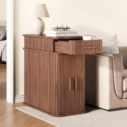 Side End Table with Charging Station, Slim Nightstand with Drawer, Mid-Century Wood Skinny Bedside Table with Storage, Narrow Side Tables for Small Space Living Room Bedroom Office Sofa Couch Walnut - color: Walnut