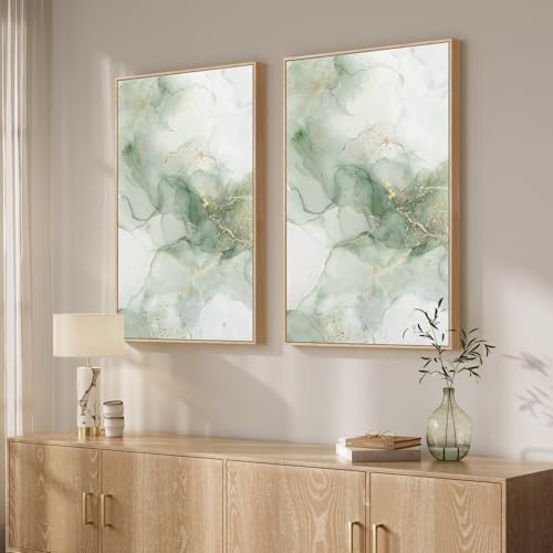 Framed Sage Green Abstract Wall Art for Living Room, Large Set of 2 Green Gold Canvas Artwork for Walls, Minimalist Modern Paintings Print Wall Decor for Bedroom Dining Room Office Hallway, 24x36 Inch - color: Sage Green Gold, size: 24" W x 36" H x 2Pcs