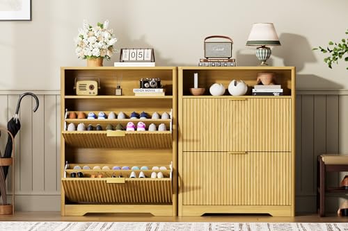 31" Fluted 2-Drawer Shoe Cabinet with Top Shelf, Narrow Entryway Organizer | Slim tipping bucket, gold handles, anti-tipping safety, holds 12-16 pairs, hallway storage, entryway accent table, 1 box - color: Wood Color, size: 2