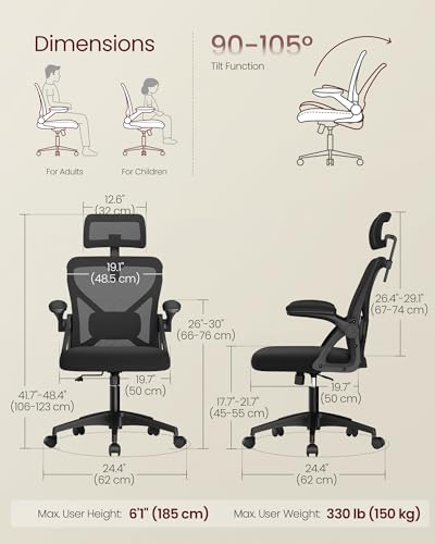 VASAGLE Office Chair, Adjustable Mesh with Lumbar Support and Headrest | Ergonomic desk chair, 90-105° tilt function, wide seat, flip-up armrests, home office, Ink Black UOBN044BH01S - color: Ink Black, size: Set of 1, style: Office Chair With Headrest