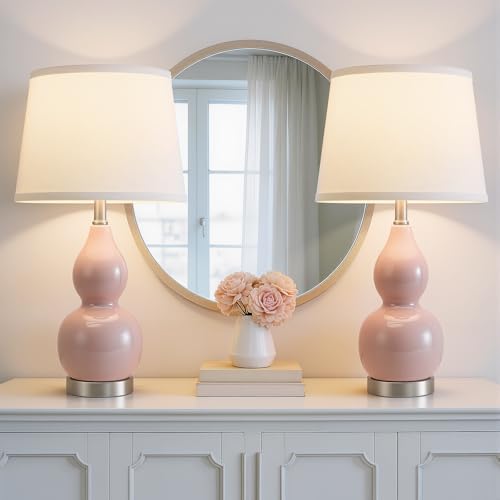 22" Table Lamp Set of 2, Color Temperature Adjustable Double Gourd Ceramic Lamps Classic Nightstand Table Lamps for Bedroom Beside Lamps for Living Room, Pink-Bulbs Included - color: 22.63" Pink Gourd