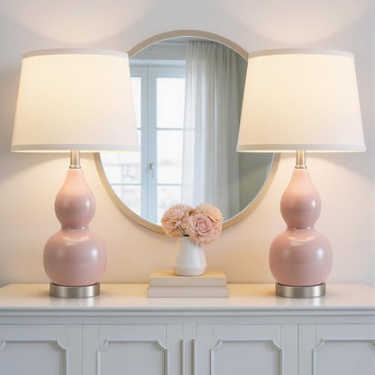 22" Table Lamp Set of 2, Color Temperature Adjustable Double Gourd Ceramic Lamps Classic Nightstand Table Lamps for Bedroom Beside Lamps for Living Room, Pink-Bulbs Included - color: 22.63" Pink Gourd
