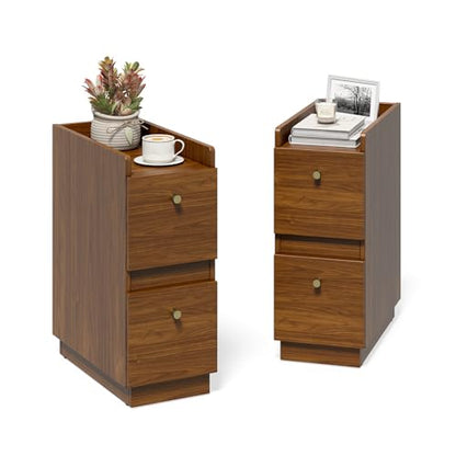 Narrow Night Stands, Modern Slim Nightstand Set of 2, Wooden Skinny Bedside Table 2 Drawers, Stackable Narrow Side Table with Drawers for Small Spaces, Bedroom, Living Room, Walnut Brown - color: Brown (2pcs)