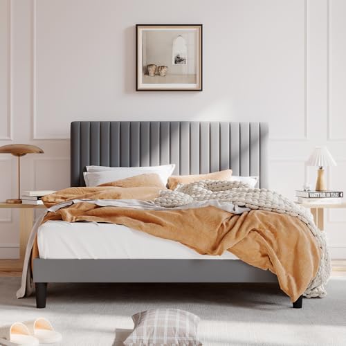 SHA CERLIN Full Upholstered Platform Bed Frame with Vertical Channel Tufted Velvet Fabric Adjustable Headboard, Wooden Slats Support, Mattress Foundation, Box Spring Optional, Grey - color: Grey, size: Full