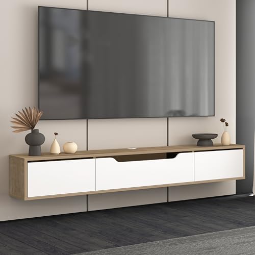 Atelier Mobili Floating TV Stand for Up to 80 Inch TVs – Wall Mounted Media Console with Handle-Free Doors – Modern Entertainment Center with Hidden Storage – White and Oak Finishes (Oak/White) - color: Oak / White