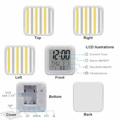 Digital Alarm Clocks for Bedroom,Minimalist Yellow Grey White Striped Cube Alarm Clock with Snooze and Nightlight Abstract Geometric Line Silent Office Desk Clock Time/Date/Temperature Display - color: Yellow