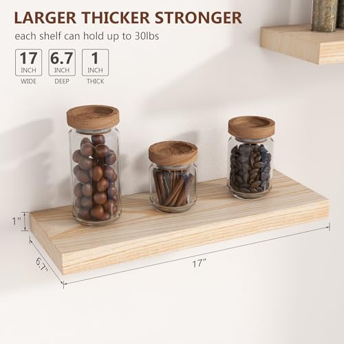 fuqing Natural Wood Floating Shelves, 17 Inch Wooden Wall Shelves Set of 3 | 6.7 Inch Deep Natural Wooden Shelves for Bathroom Living Room, Lightweight, 30LBS, Hardware Included, Waterproof Finish - color: Natural, size: 17 Inch