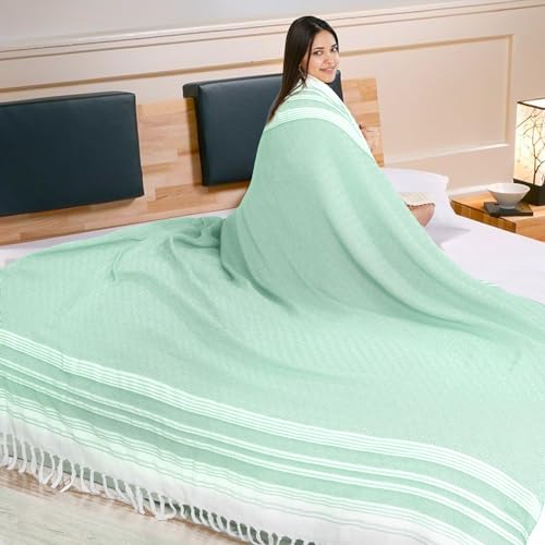 Genovega Extra Large Cotton Throw Blanket Queen Full Size Quilt Blanket Thin Lightweight Cooling Blanket for Hot Sleeper Items Breathable Comforter Summer Ice Cold Bed Sheet Linen Bedspread - color: Green, size: Giant Large 82''x88''