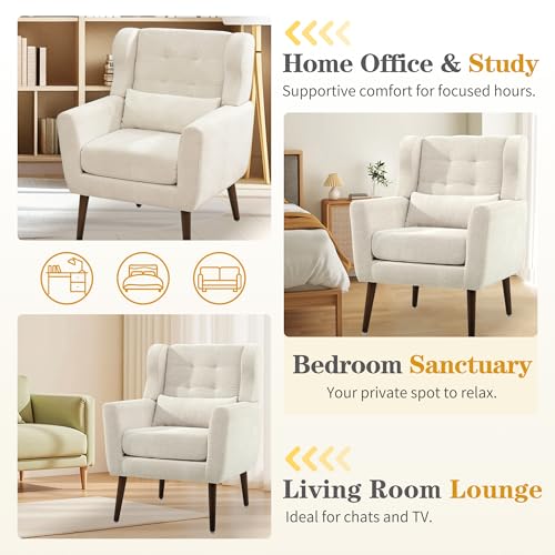 Modern Accent Chair, Upholstered Armchair with Pillow, Fabric Single Sofa Chair with Lounge Seat and Wood Legs Accent Chair for Living Room Bedroom Small Spaces (Beige, Set of 2) - color: Beige, size: Set of 2