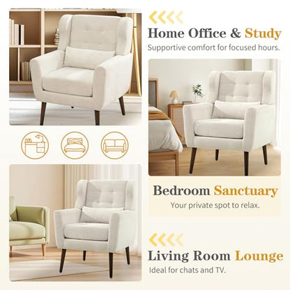 Modern Accent Chair, Upholstered Armchair with Pillow, Fabric Single Sofa Chair with Lounge Seat and Wood Legs Accent Chair for Living Room Bedroom Small Spaces (Beige, Set of 2) - color: Beige, size: Set of 2