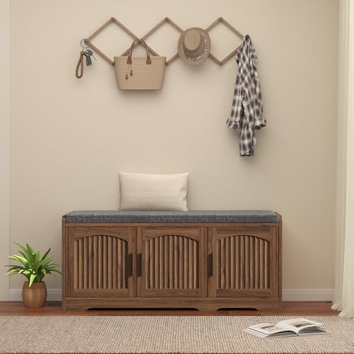 39.4" Shoe Storage Bench with Seating Cushion, Fluted 2-Tier Entryway Bench with 3 Doors & Adjustable Shelves, Shoe Cabinet Bench for Entryway, Hallway, Bedroom and Living Room - color: Walnut
