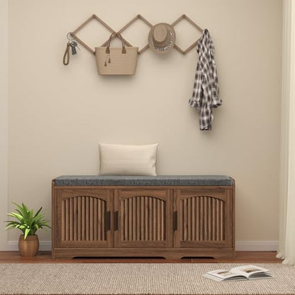 39.4" Shoe Storage Bench with Seating Cushion, Fluted 2-Tier Entryway Bench with 3 Doors & Adjustable Shelves, Shoe Cabinet Bench for Entryway, Hallway, Bedroom and Living Room - color: Walnut