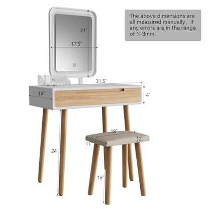 YOURLITE Makeup Vanity Desk with Lighted Mirror & Stool | 31.5" Makeup Table, 3 Lighting Modes, Adjustable Brightness, 2 Drawers, Cushioned Stool, Square Mirror - size: 31.5", style: Square Mirror Wooden