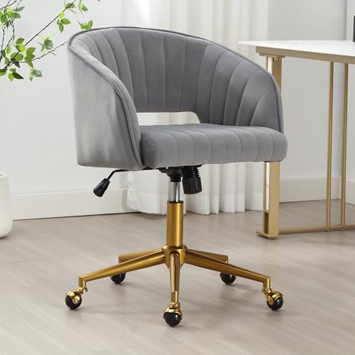 Desk Chair with Wheels, Gold Base, Velvet Accent Vanity Armchair, Grey | Spacious‌ Soft Seat, Swivel Height Adjustable, Rocking Function, Modern Stripe for Girls &Women Bedroom Makeup or Nail - color: Grey Velvet